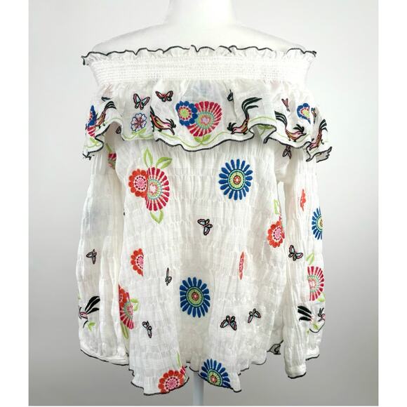 John Mark Embroidered Floral Boho Crinkle Strapless Ruffle Top White Size Large - Picture 2 of 10